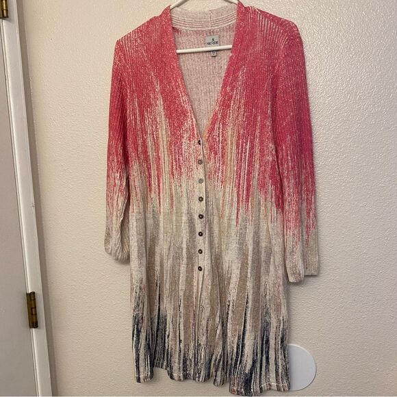 NIC+ZOE Painted Twirl Linen Blend long Cardigan button front boho art to wear L - Picture 2 of 9